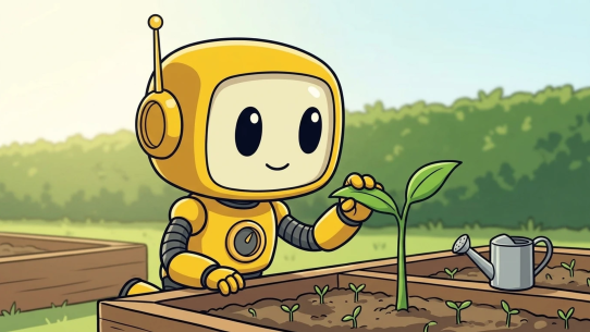 TMAI mascot checking the one strong sprout in a garden bed, like screening for the next 100x crypto