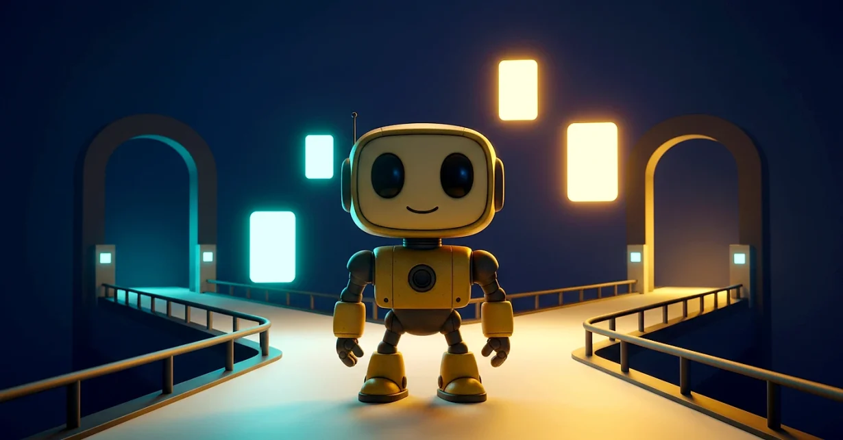 TMAI mascot standing between two unlabeled glowing legal pathways for a Token Metrics prediction markets legal guide