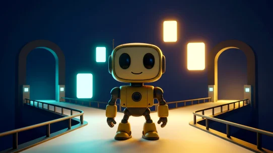 TMAI mascot standing between two unlabeled glowing legal pathways for a Token Metrics prediction markets legal guide