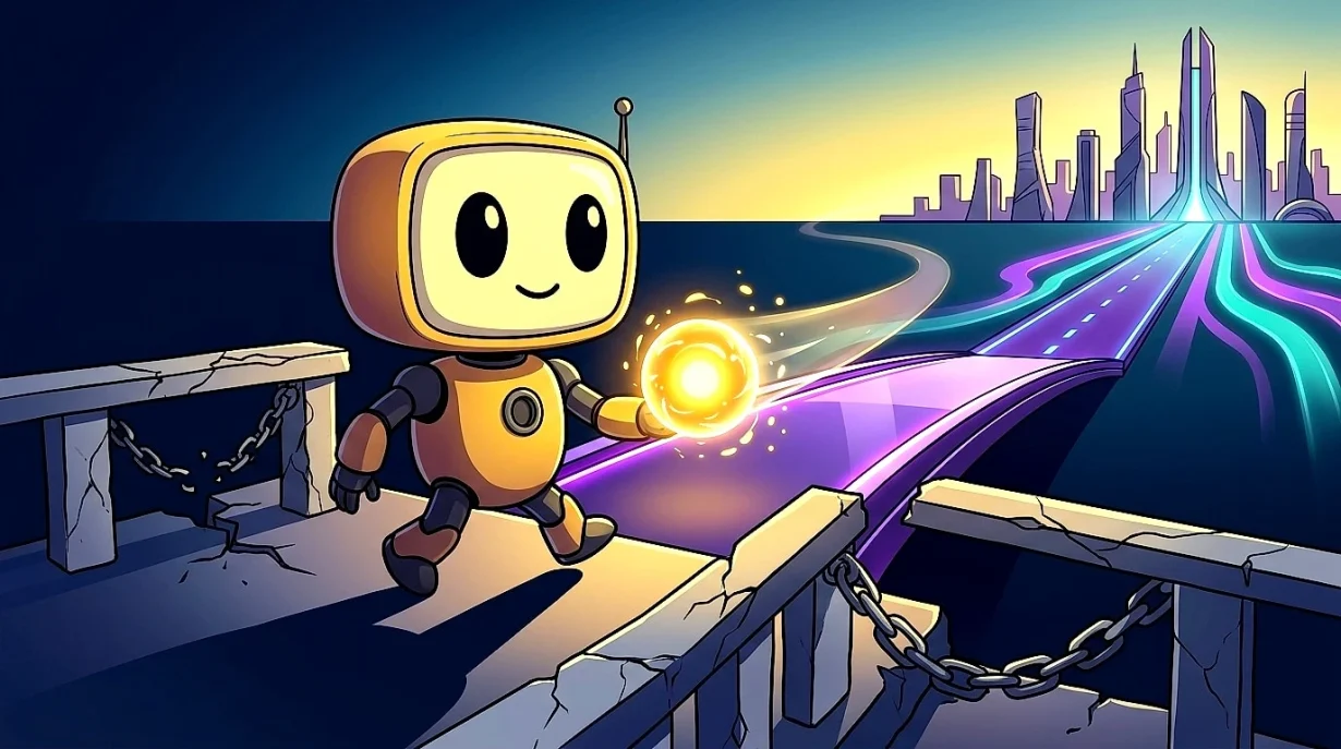 TMAI mascot carrying the TMAI token across a cracked stone bridge onto a glowing neon path leading to a futuristic Solana skyline — cinematic editorial illustration in Token Metrics brand yellow and dark blue