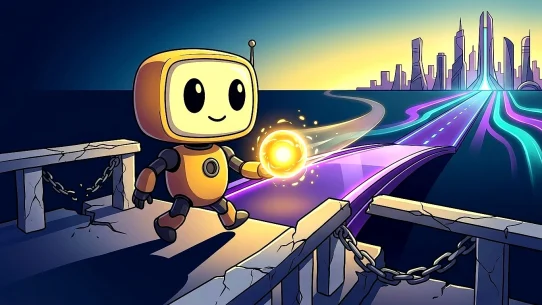 TMAI mascot carrying the TMAI token across a cracked stone bridge onto a glowing neon path leading to a futuristic Solana skyline — cinematic editorial illustration in Token Metrics brand yellow and dark blue