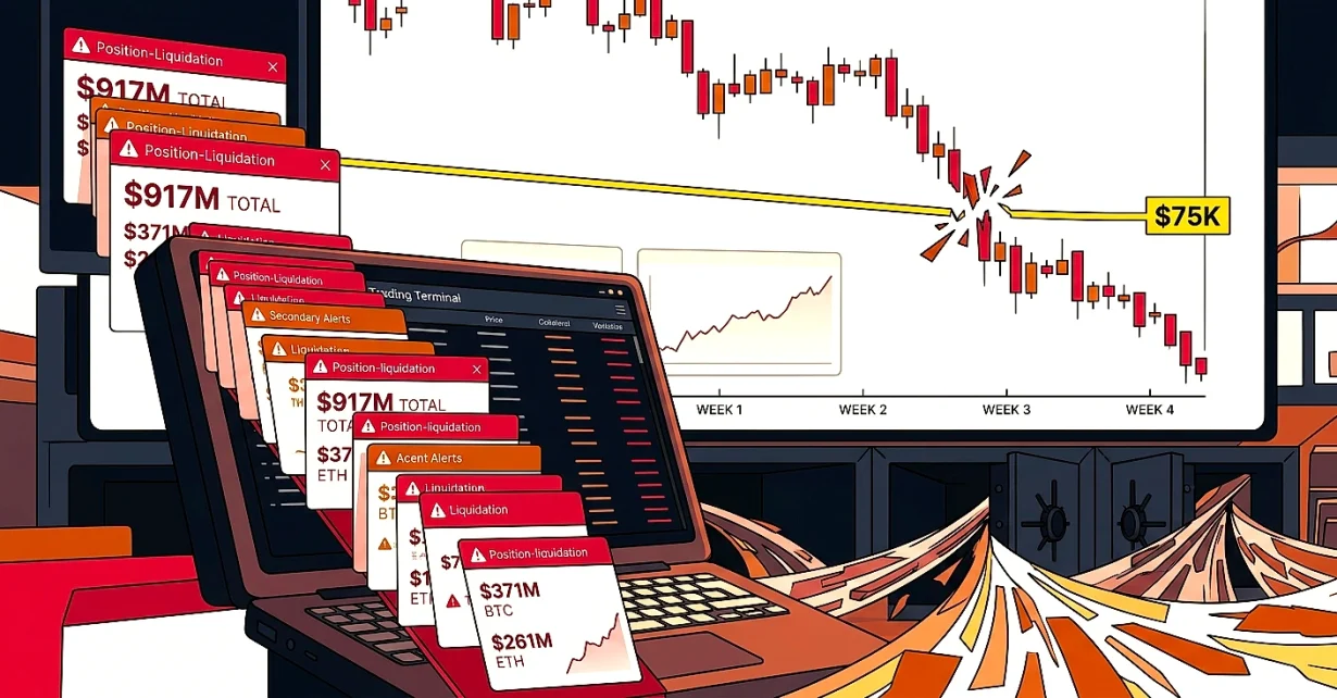 Bitcoin Dives Below $75K for First Time in a Month as Crypto Liquidations Near $1 Billion