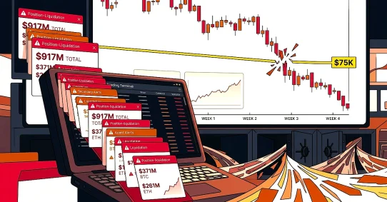 Bitcoin Dives Below $75K for First Time in a Month as Crypto Liquidations Near $1 Billion