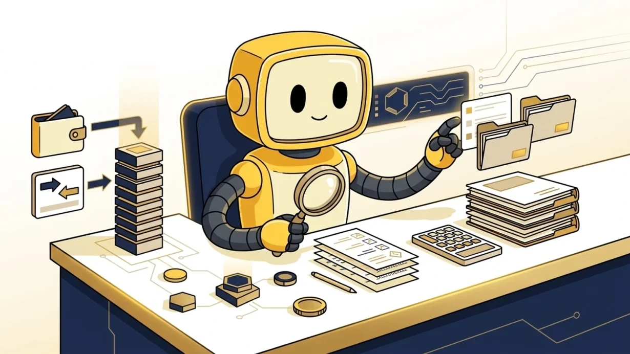 TMAI mascot reviewing crypto tax software records, wallet imports, reports, and integrations for a Token Metrics crypto tax software guide.