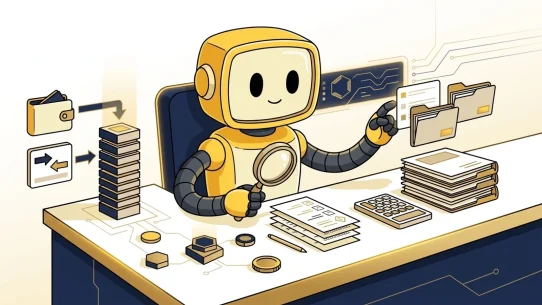 TMAI mascot reviewing crypto tax software records, wallet imports, reports, and integrations for a Token Metrics crypto tax software guide.