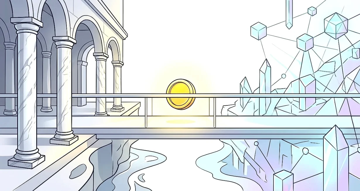 Illustration of a bridge connecting traditional stock-market architecture to onchain token infrastructure