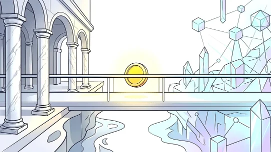 Illustration of a bridge connecting traditional stock-market architecture to onchain token infrastructure