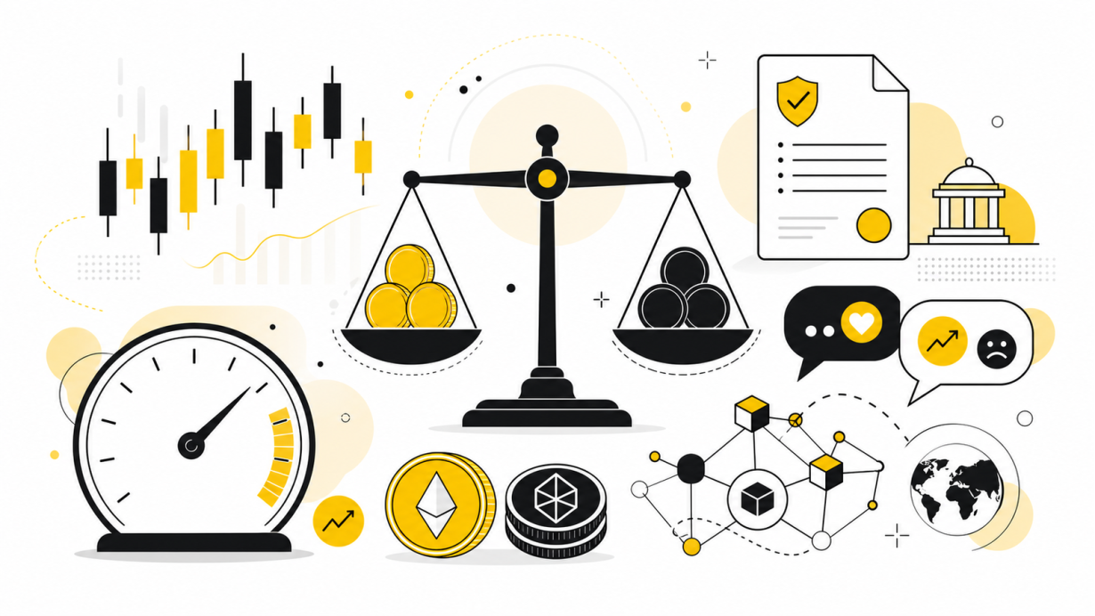 Illustration of cryptocurrency price drivers including supply, demand, liquidity, regulation, sentiment, and on-chain activity.