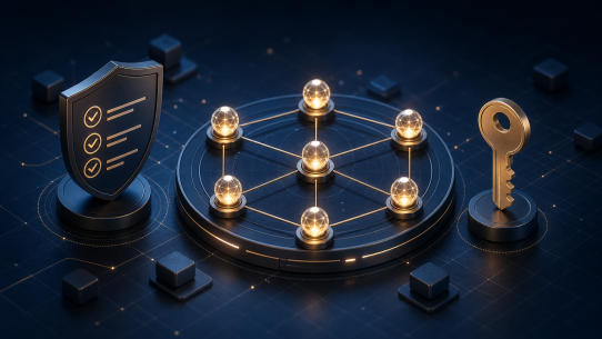 Abstract staking network, checklist, and key illustration