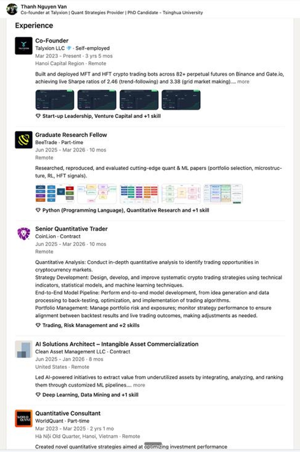 Nguyen Van Thanh Warning: 2.11B TMAI Hack and $42K+ Traced Cash-Outs 4 Screenshot of Nguyen Van Thanh's public LinkedIn experience section listing Talyxion, BeeTrade, CoinLion, Clean Asset Management and WorldQuant