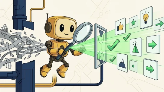 Token Metrics TMAI mascot filtering noisy market signals into clean visual indicator cards.