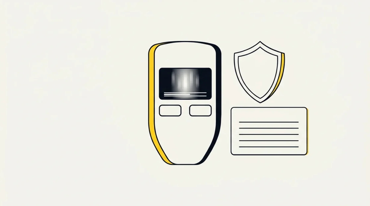 Trezor-style two-button hardware wallet with recovery card and security shield