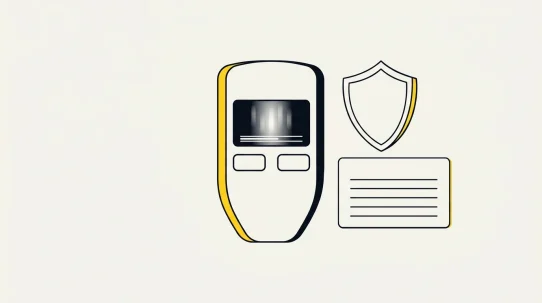 Trezor-style two-button hardware wallet with recovery card and security shield