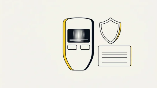 Trezor-style two-button hardware wallet with recovery card and security shield