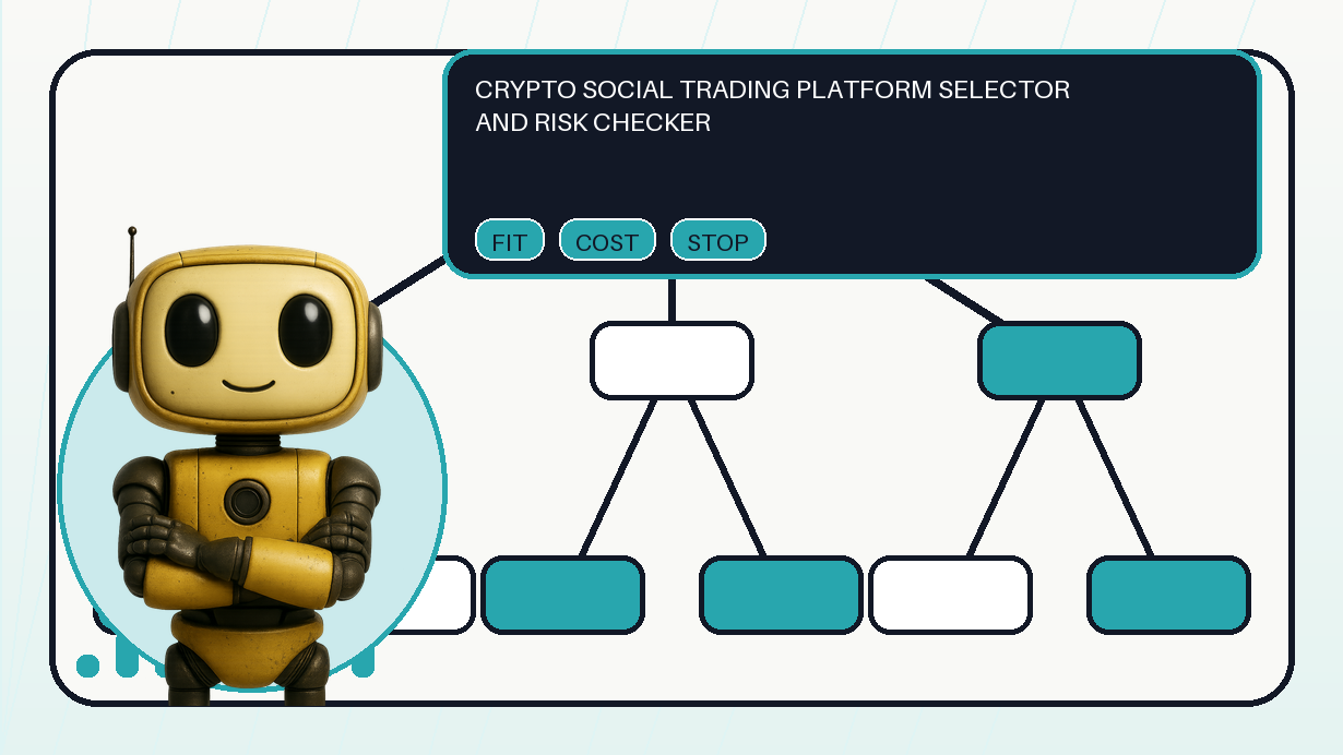 Shared Token Metrics AI mascot with editorial decision tree for choosing a crypto social trading research platform