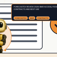 Shared Token Metrics AI mascot with editorial brokerage contract and economic outcome chart for the ForecastEx review