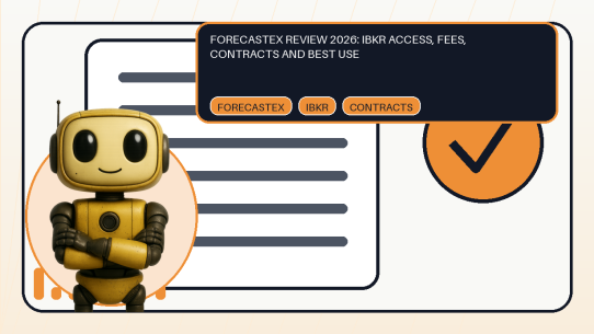 Shared Token Metrics AI mascot with editorial brokerage contract and economic outcome chart for the ForecastEx review