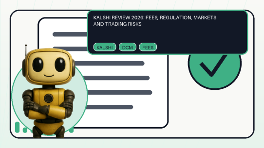 Shared Token Metrics AI mascot with editorial regulated event contract and checklist for the Kalshi platform review