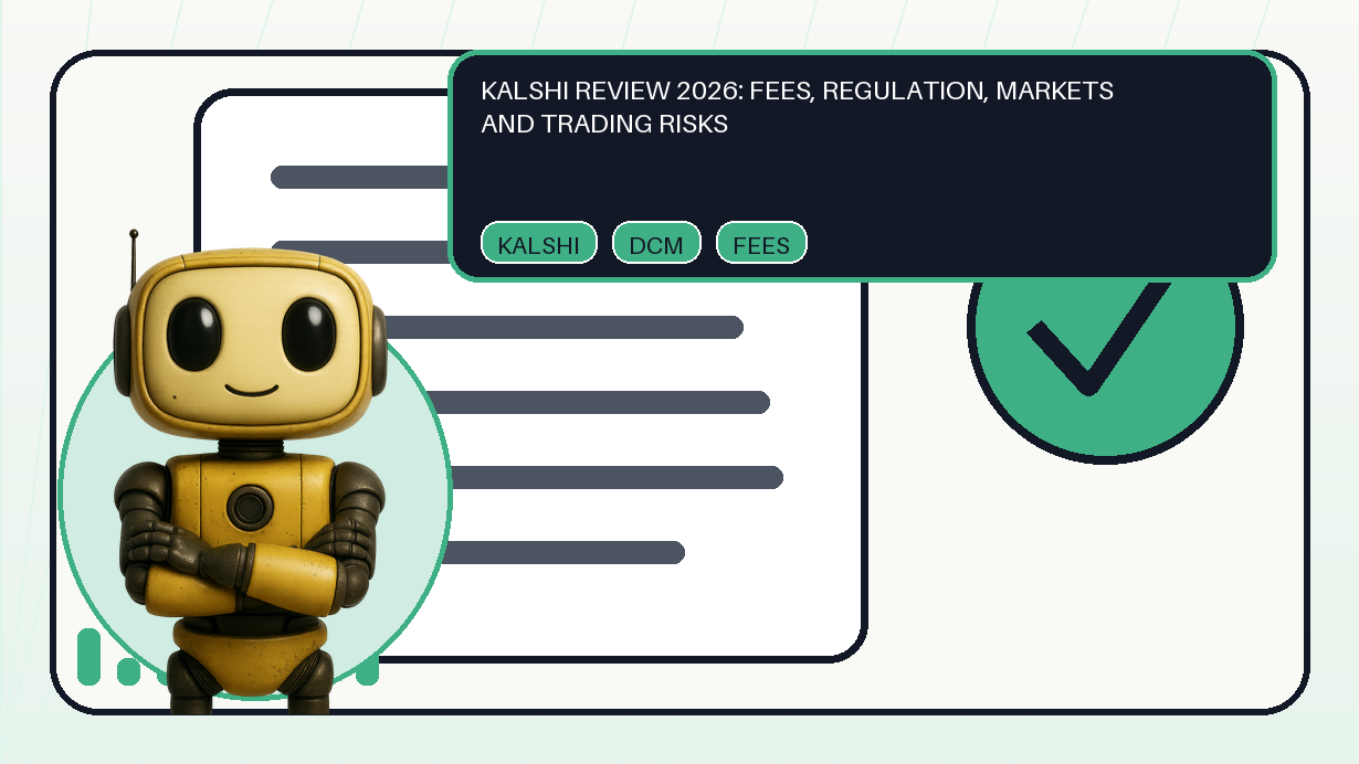 Shared Token Metrics AI mascot with editorial regulated event contract and checklist for the Kalshi platform review