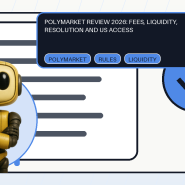 Shared Token Metrics AI mascot with editorial oracle and contract card for the Polymarket platform review