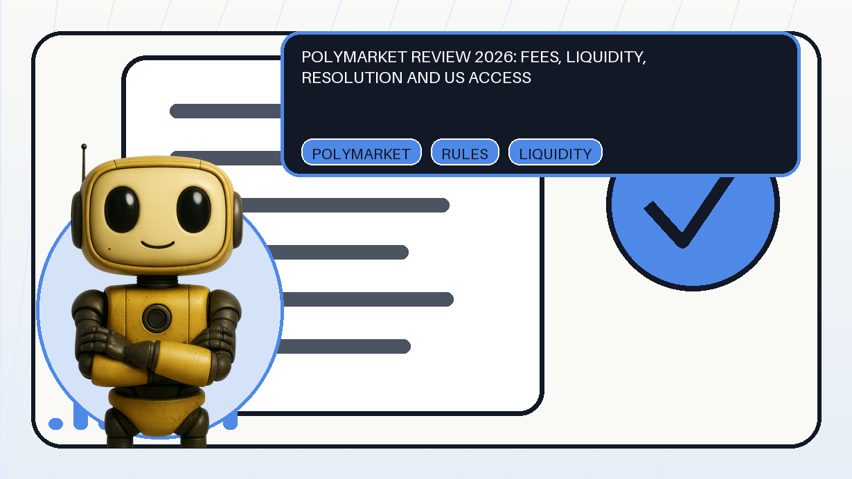 Polymarket Review 2026: Fees, Liquidity, Resolution and US Access 2 Shared Token Metrics AI mascot with editorial oracle and contract card for the Polymarket platform review
