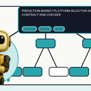 Shared Token Metrics AI mascot with editorial decision tree for prediction market venue and contract risk checks