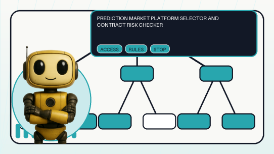 Shared Token Metrics AI mascot with editorial decision tree for prediction market venue and contract risk checks