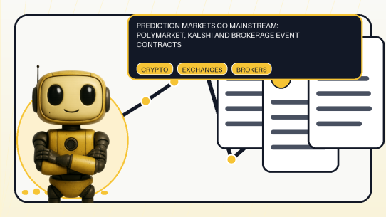 Shared Token Metrics AI mascot with editorial market curve connecting crypto, regulated exchange, and brokerage contract cards