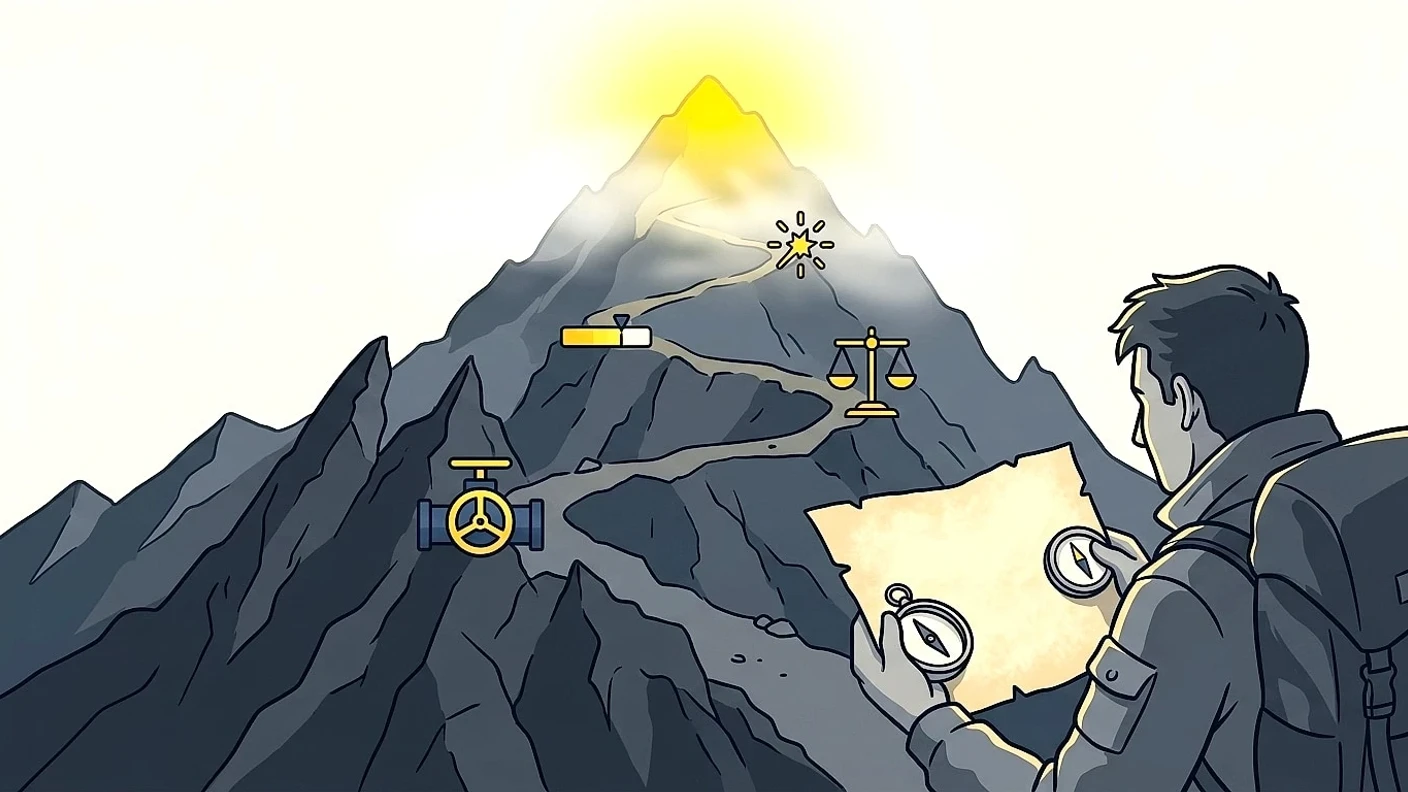 A hiker with a map and compass looks up a rocky mountain path to a glowing peak, a picture of what is a moonshot in crypto