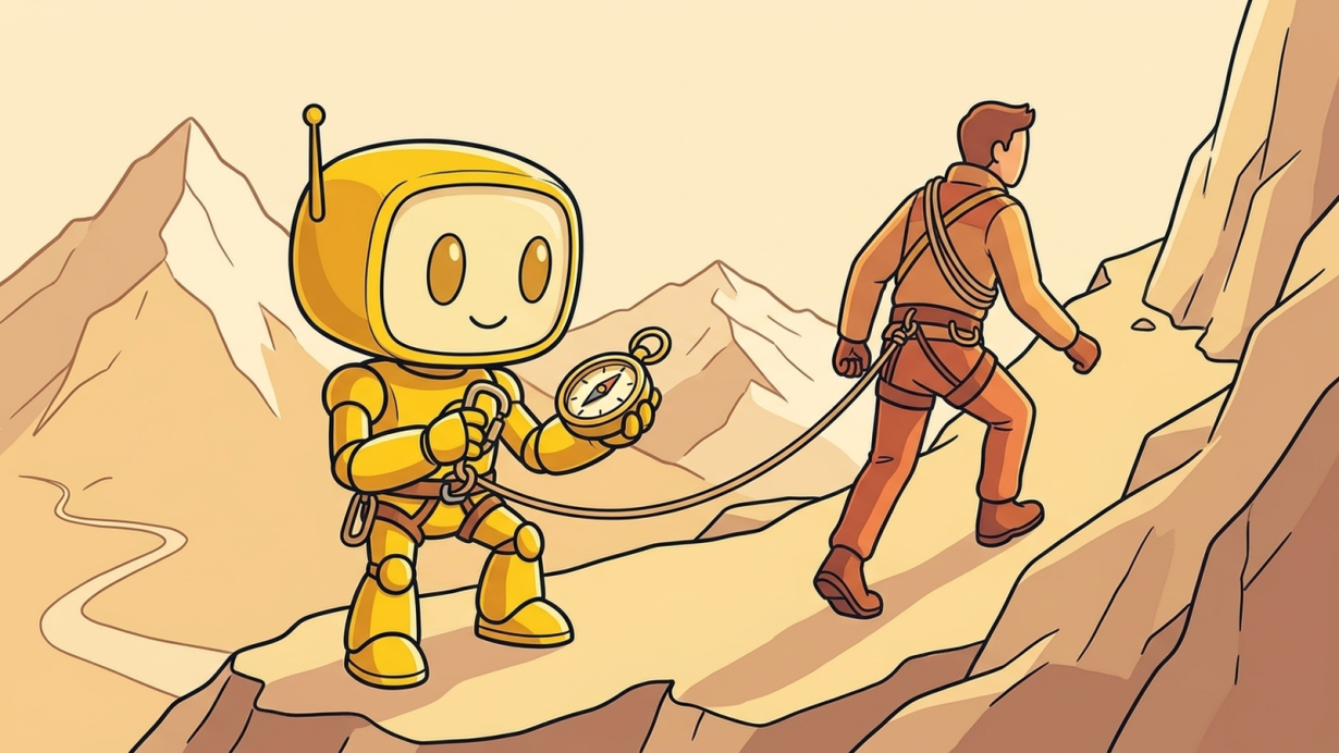Yellow TMAI robot mascot roped to a climber on a mountain trail, pausing to check a compass while holding its safety carabiner.
