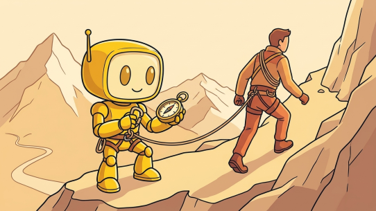 Yellow TMAI robot mascot roped to a climber on a mountain trail, pausing to check a compass while holding its safety carabiner.
