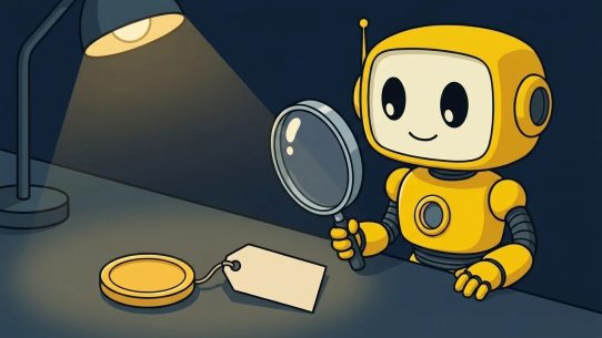 TMAI mascot checking a blank tag tied to a gold coin with a magnifying glass, a simple picture of testing ISO 20022 coins claims