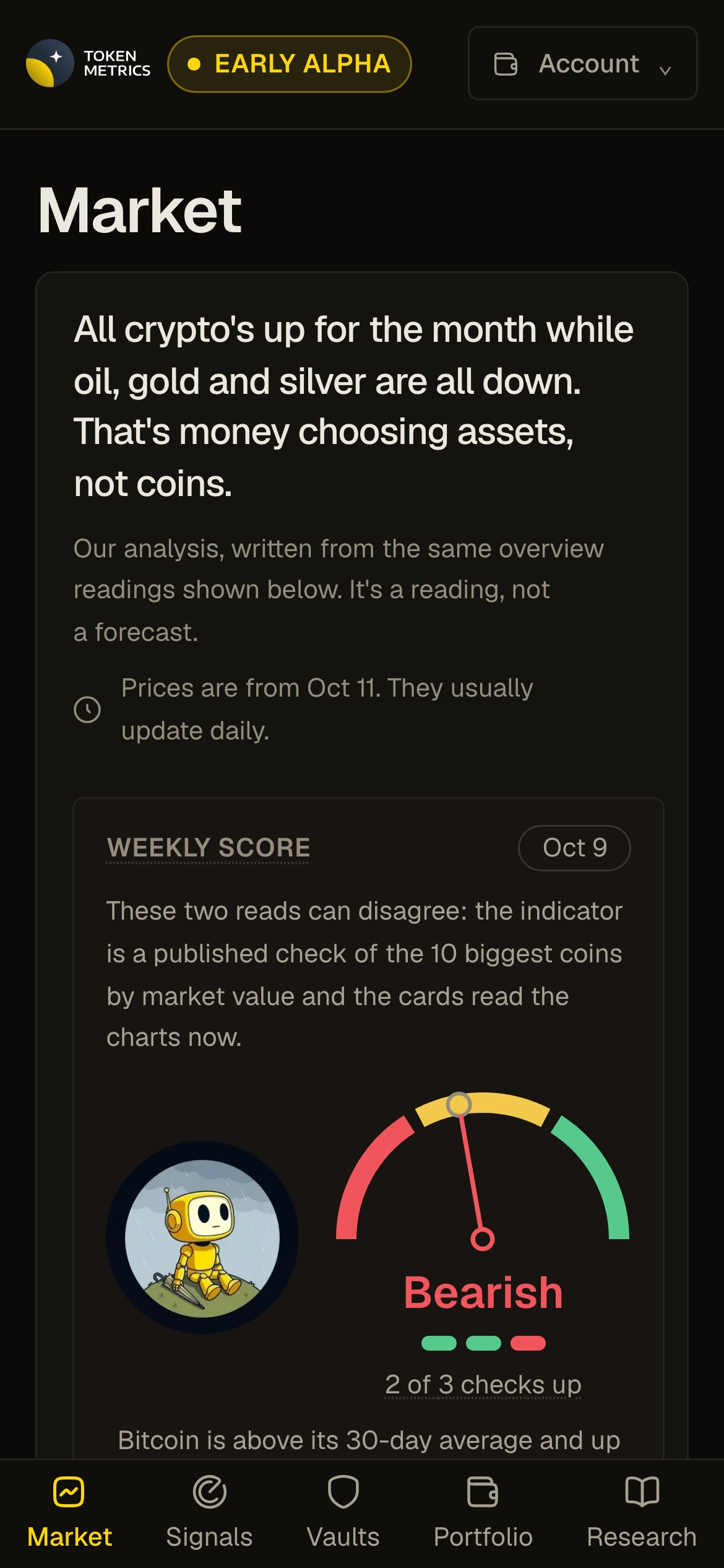 The Market page of the Token Metrics app: the market read and the weekly score, on a phone
