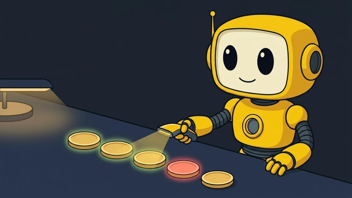 TMAI mascot using a token scanner wand on a row of crypto tokens, with one token flagged red