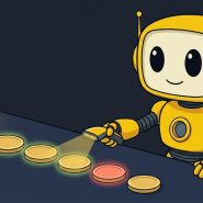 TMAI mascot using a token scanner wand on a row of crypto tokens, with one token flagged red