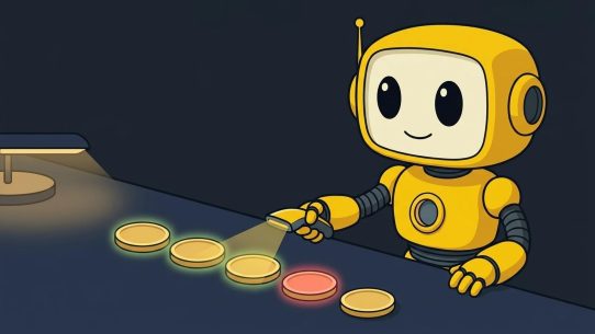TMAI mascot using a token scanner wand on a row of crypto tokens, with one token flagged red