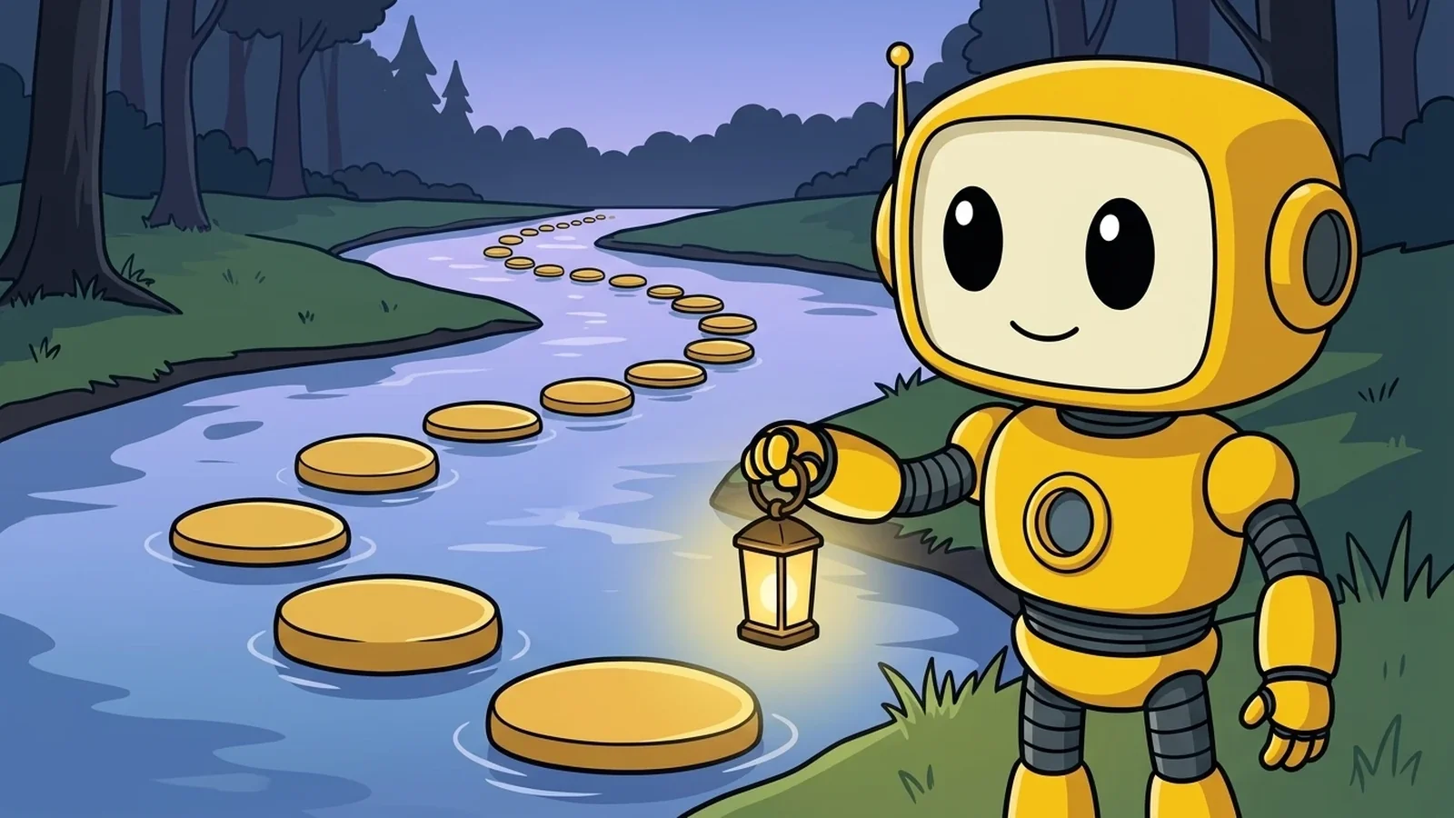 TMAI mascot holding a lantern over golden stepping stones, a step-by-step check to see if a crypto token is safe
