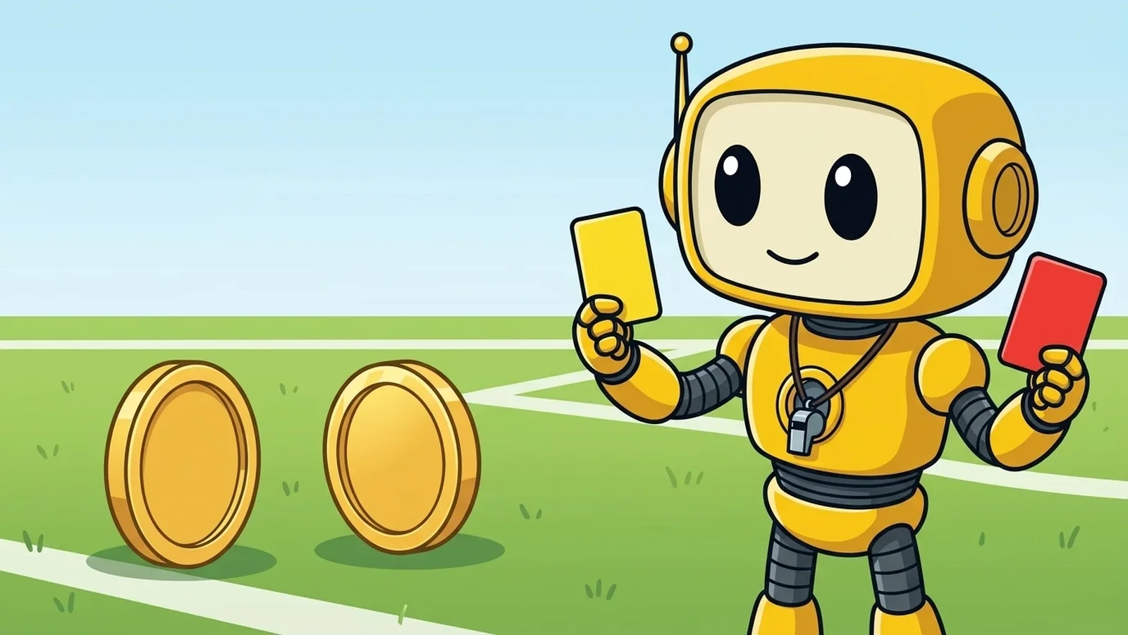 TMAI mascot as a referee holding a yellow card and a red card, like the warning levels in token scanner results
