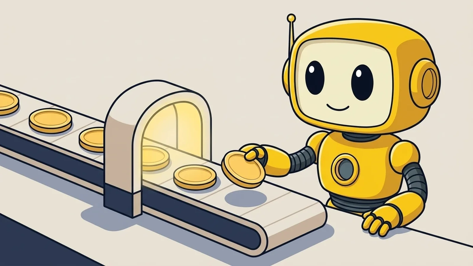 TMAI mascot at a token scanner checkpoint as crypto tokens ride a belt through a scanner arch
