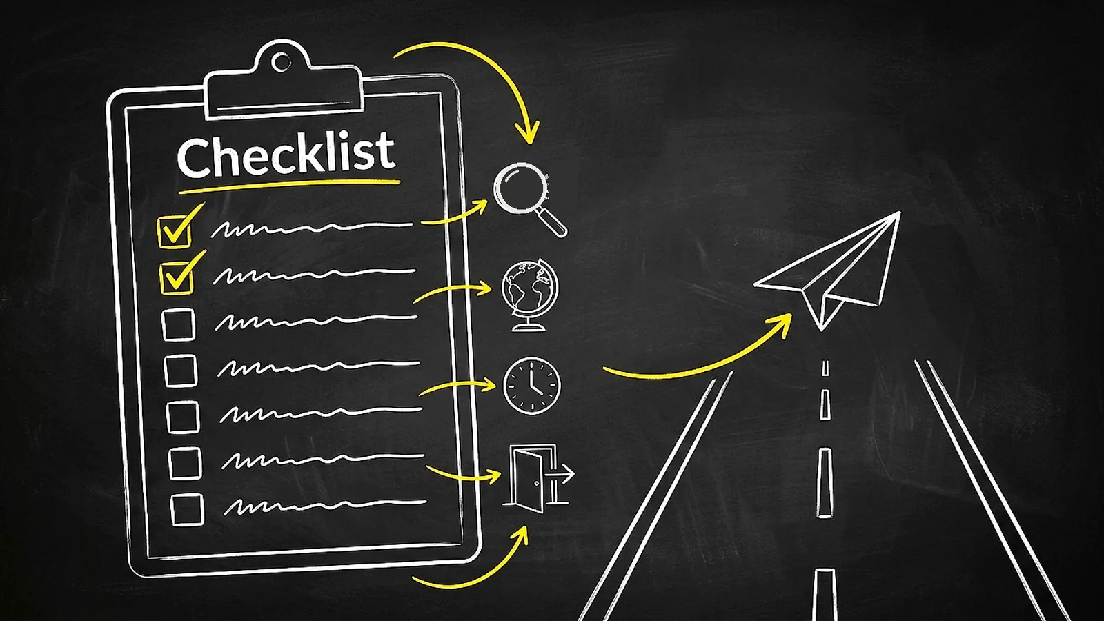 Chalkboard pre-flight checklist with seven tick boxes, the first two ticked, linked to doodles of a magnifying glass, a globe, a clock and an exit door, with a paper plane ready on a runway.