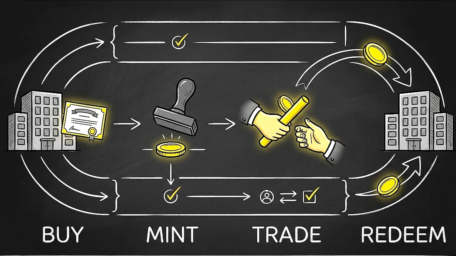 Chalkboard relay loop: an issuer building holds a share (Buy), a stamp mints a token (Mint), hands pass it like a baton (Trade), and it loops back to the issuer (Redeem).