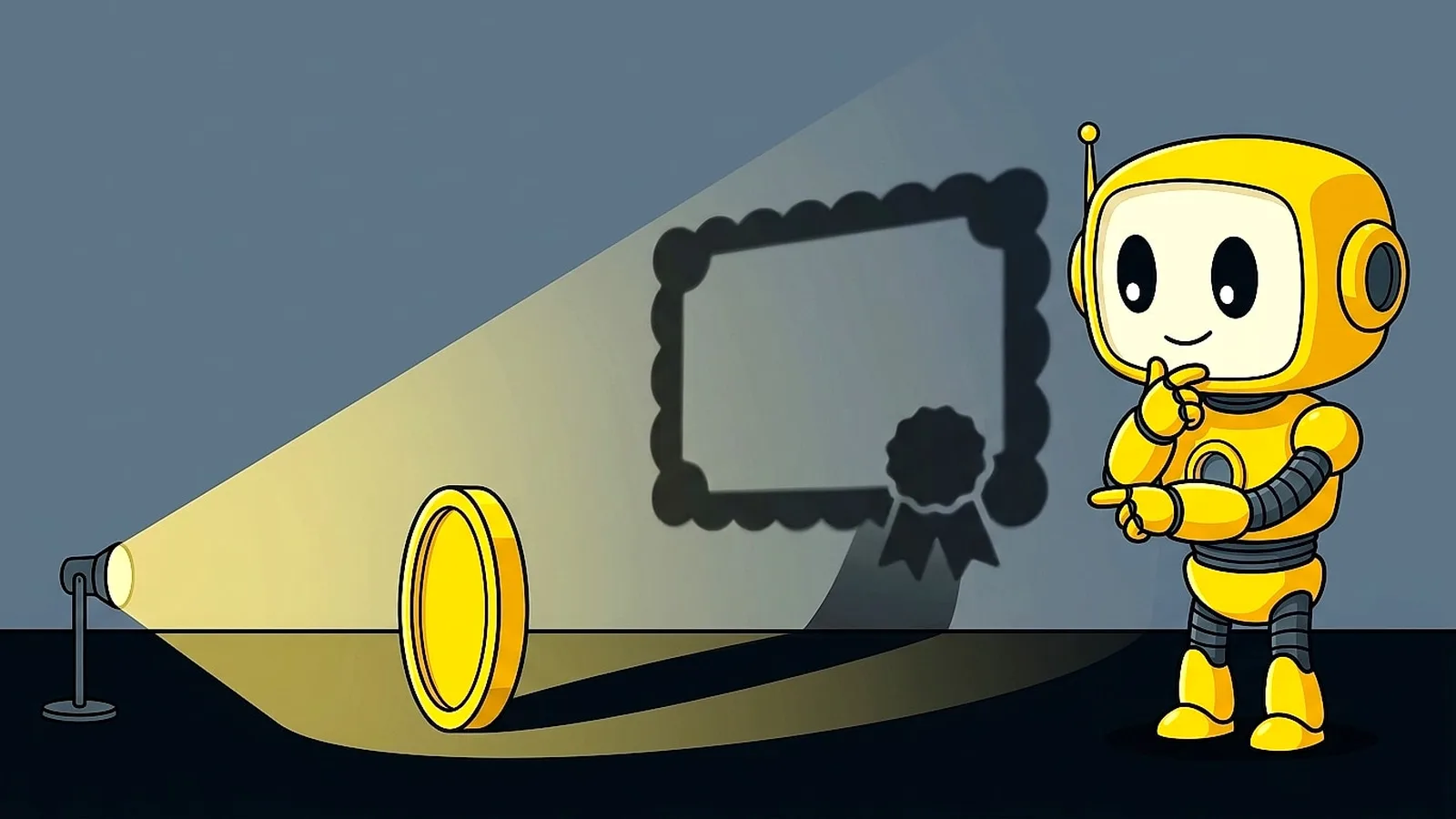 A spotlight shines on a single gold coin, which casts a soft shadow shaped like a share certificate onto the wall, while the Token Metrics robot mascot studies it from the side.