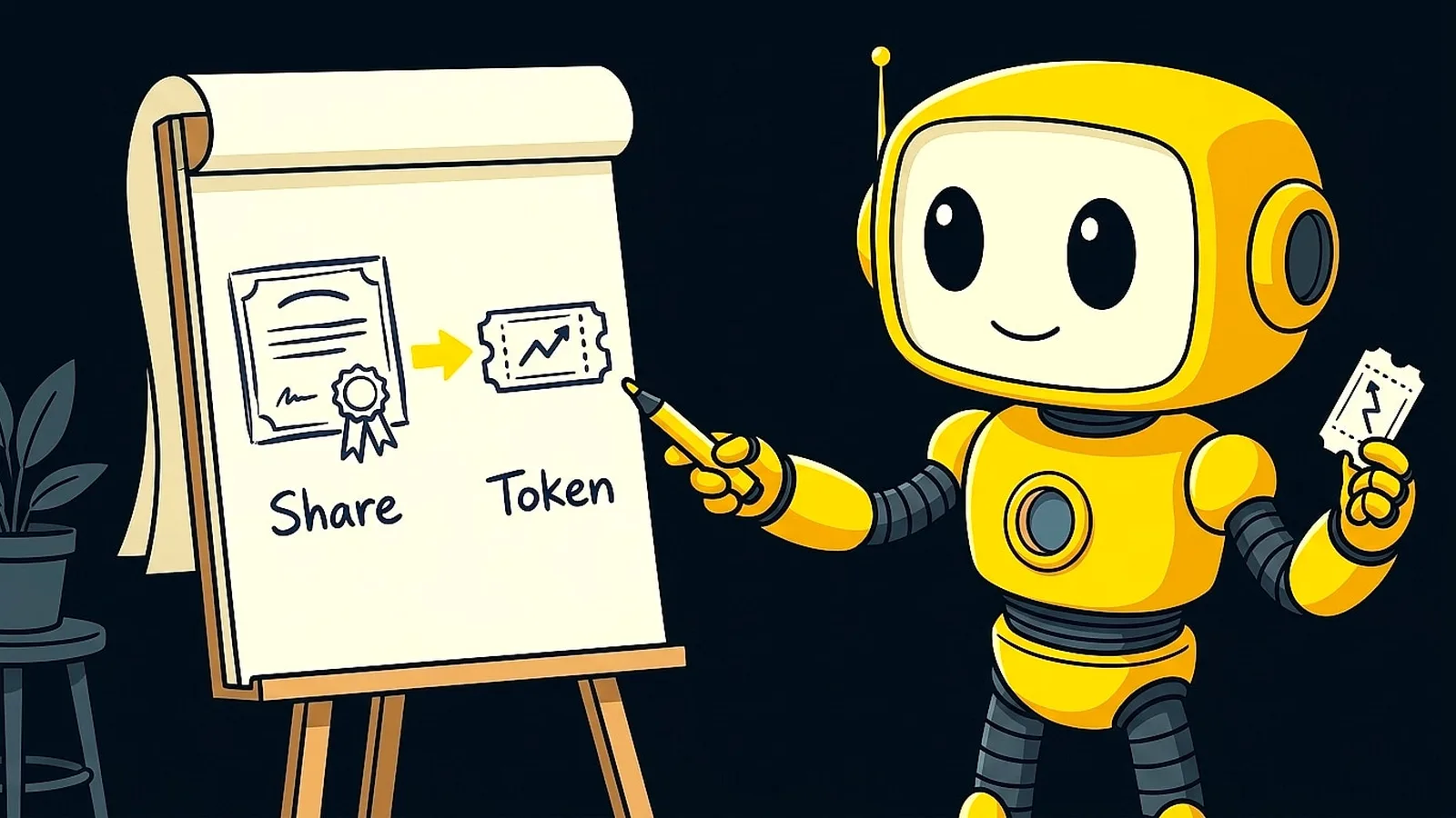 The Token Metrics robot mascot points at a flip chart showing a share certificate turning into a ticket-like token, labeled Share and Token, while holding up a token ticket.