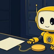 TMAI mascot linking a blank golden token to a share certificate, showing how tokenized stocks are backed
