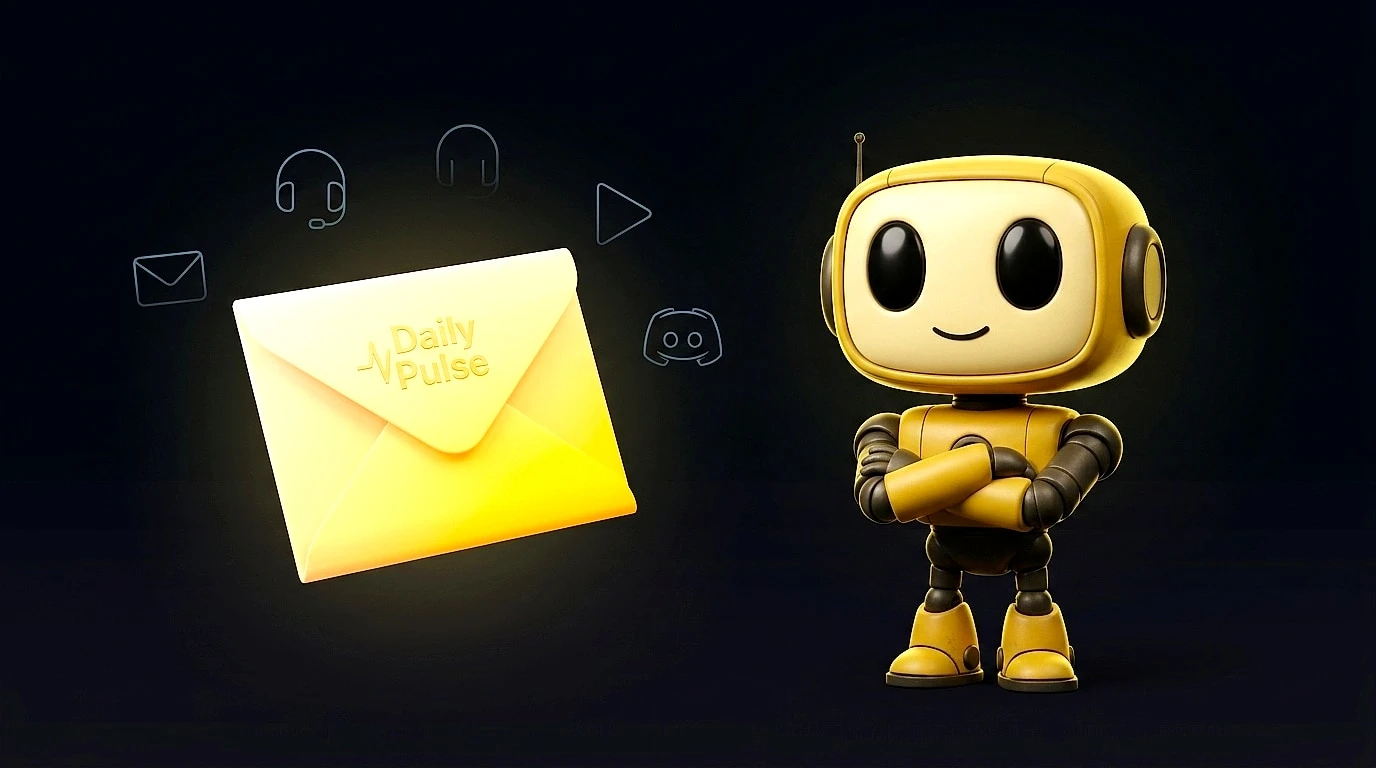TMAI mascot standing next to the Daily Pulse brief, with channel cue glyphs in the background